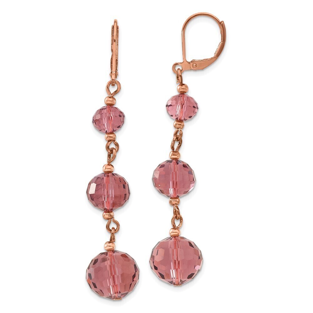 1928 Rose-tone Graduated Faceted Purple Glass Beads Dangle Leverback Earrings
